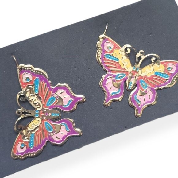 Vintage Butterfly Enamel Colorful Pendant Earrings - Picture 1 of 5